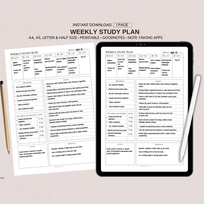 Weekly Study Plan | Digital and Printable Planner Pages