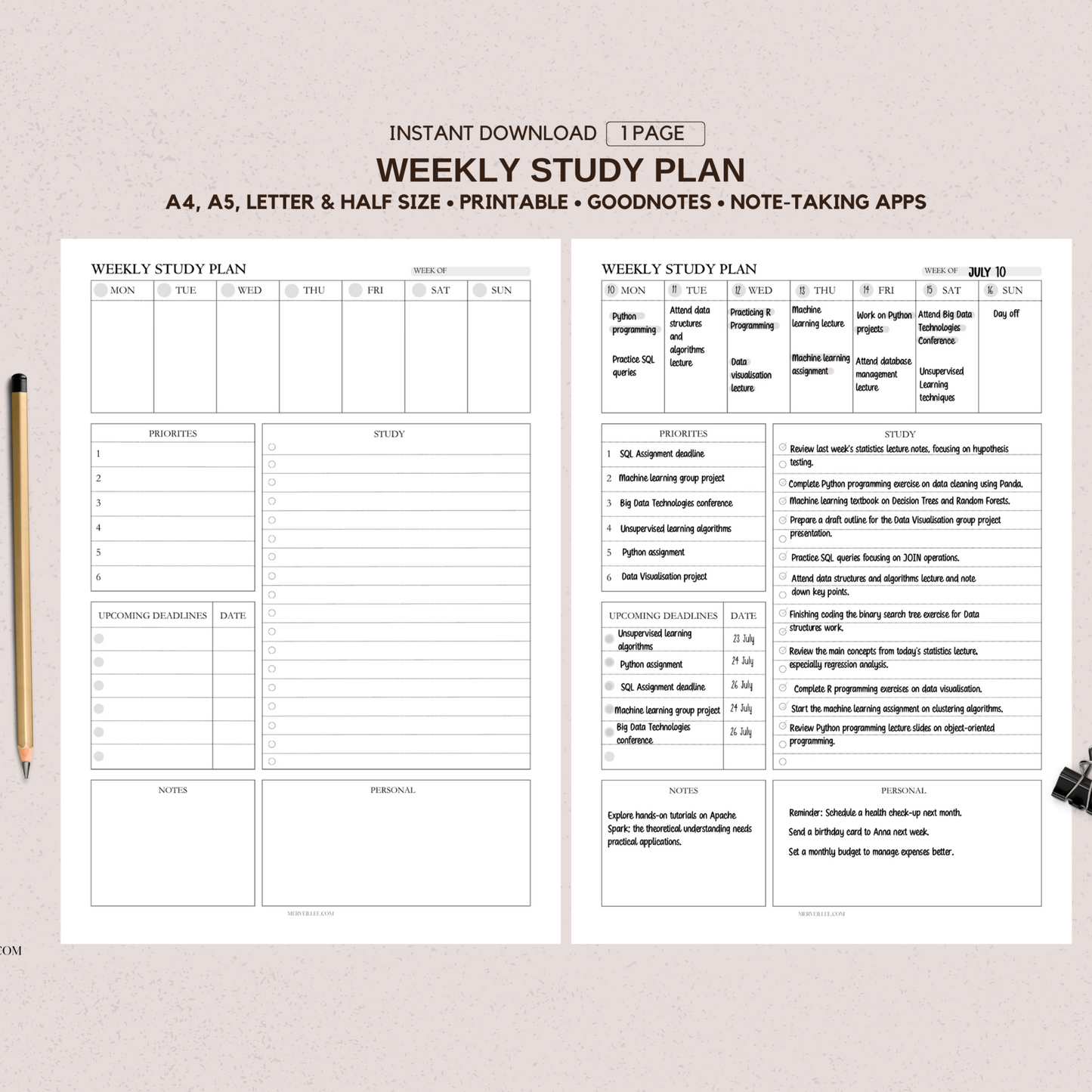 Weekly Study Plan | Digital and Printable Planner Pages