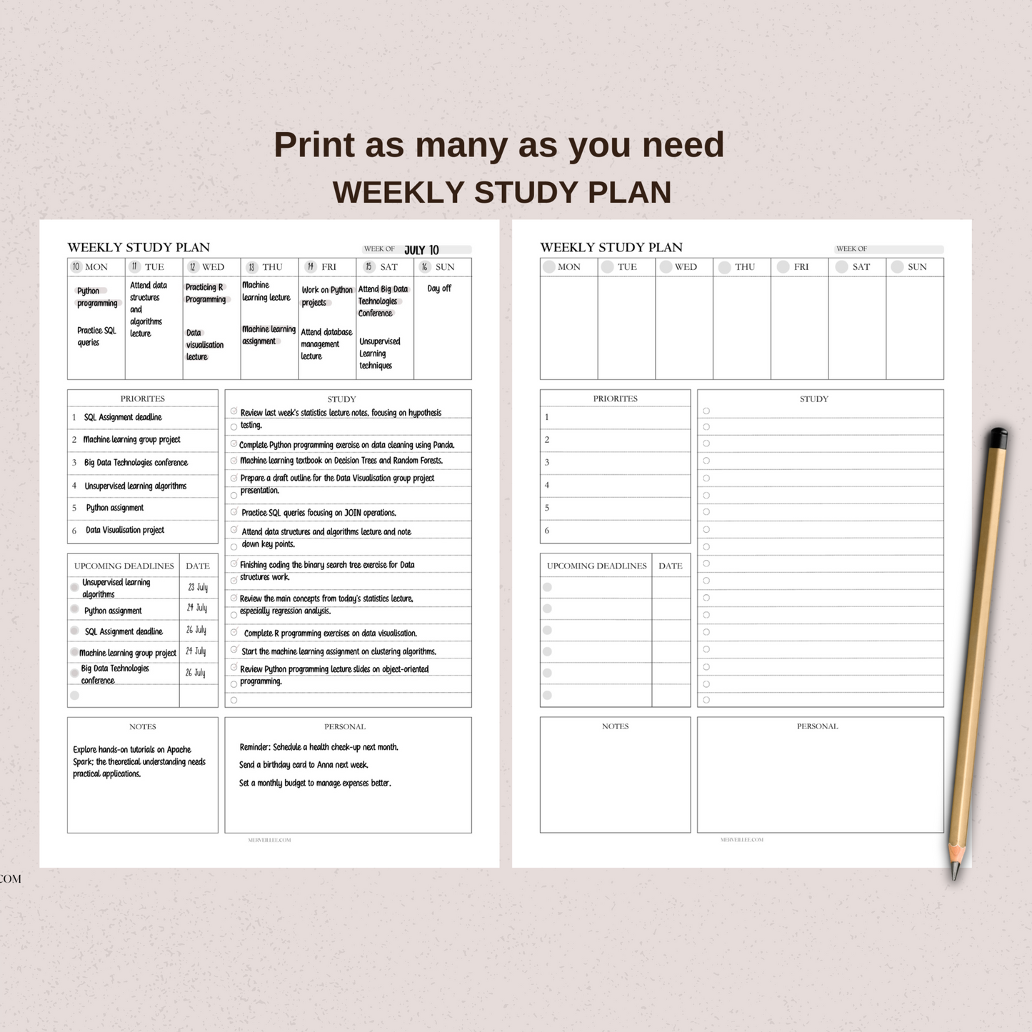 Weekly Study Plan | Digital and Printable Planner Pages