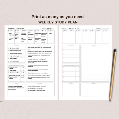 Weekly Study Plan | Digital and Printable Planner Pages