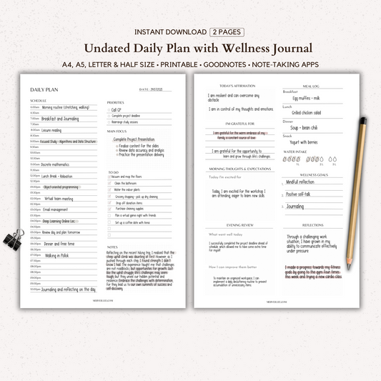 Undated Daily Planner with Wellness Journal