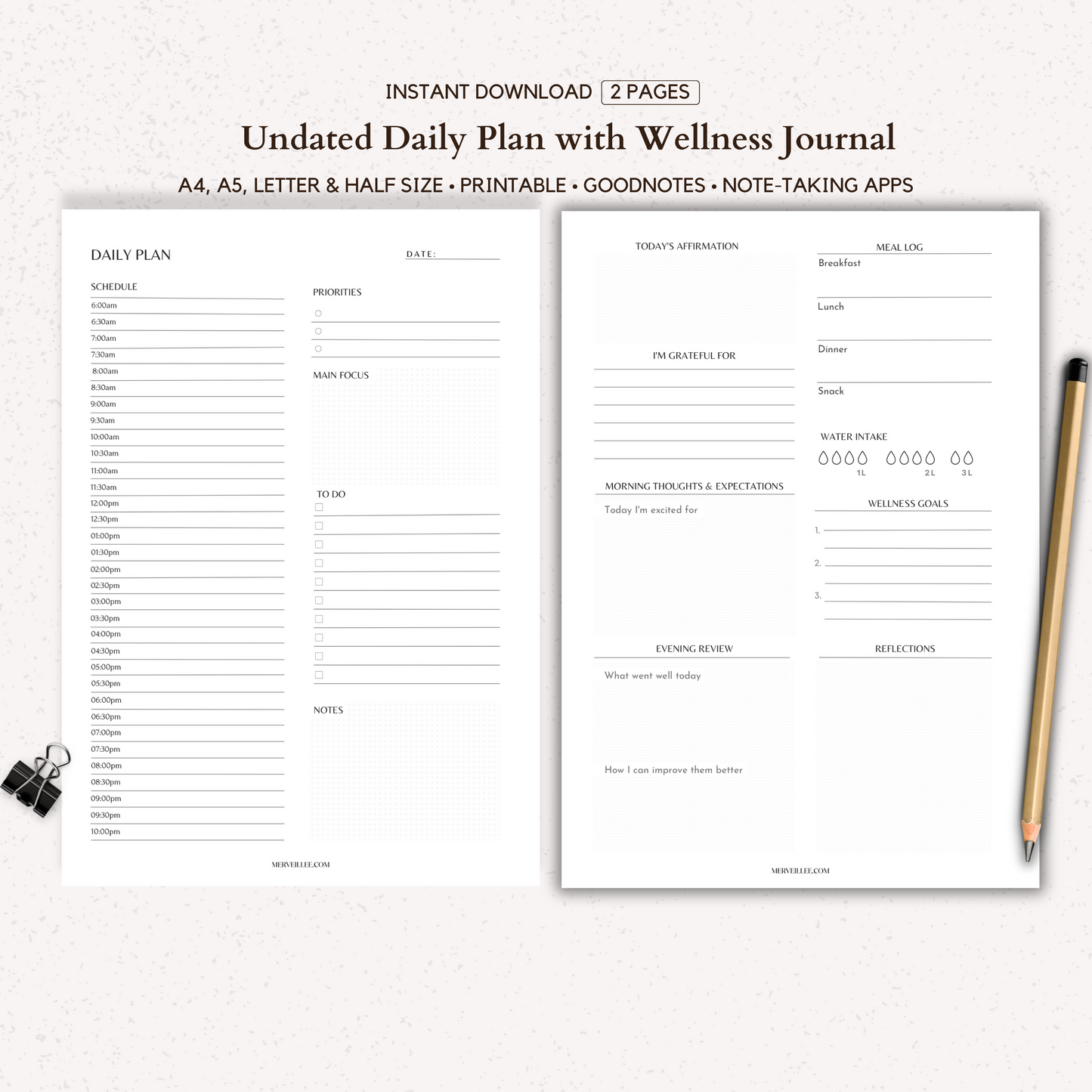 Undated Daily Planner with Wellness Journal