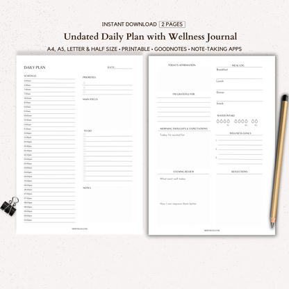 Undated Daily Planner with Wellness Journal