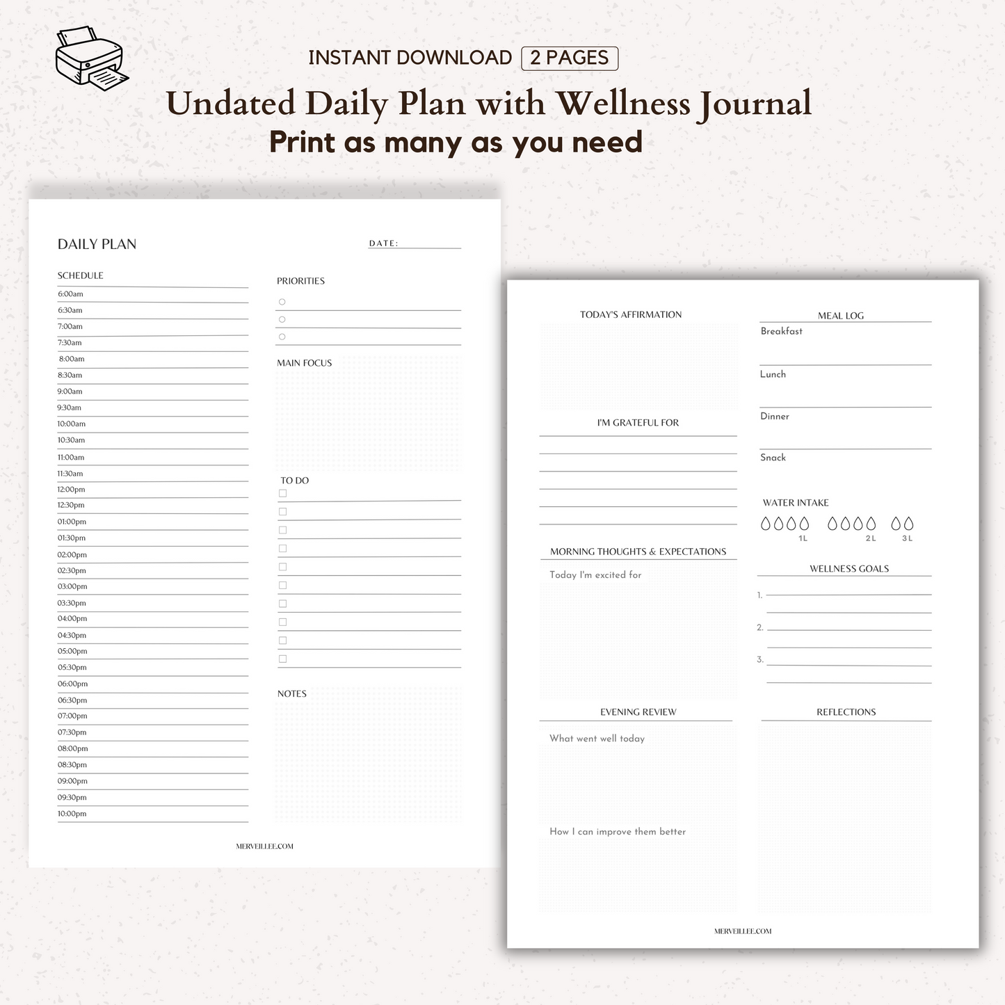 Undated Daily Planner with Wellness Journal