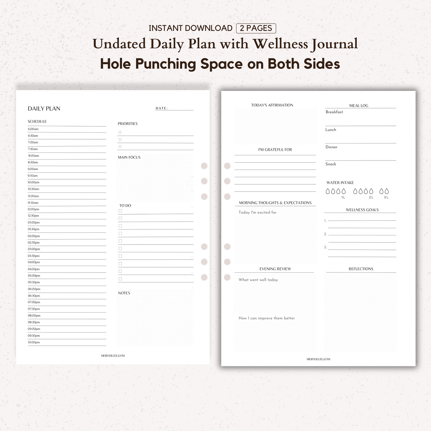 Undated Daily Planner with Wellness Journal